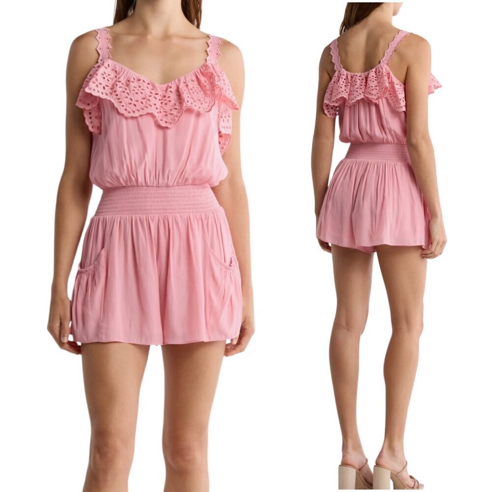Ramy Brook NWT Women’s ‘Ellen’ Romper Ruffles Eyelet Feminine Pink Tulip X-Small